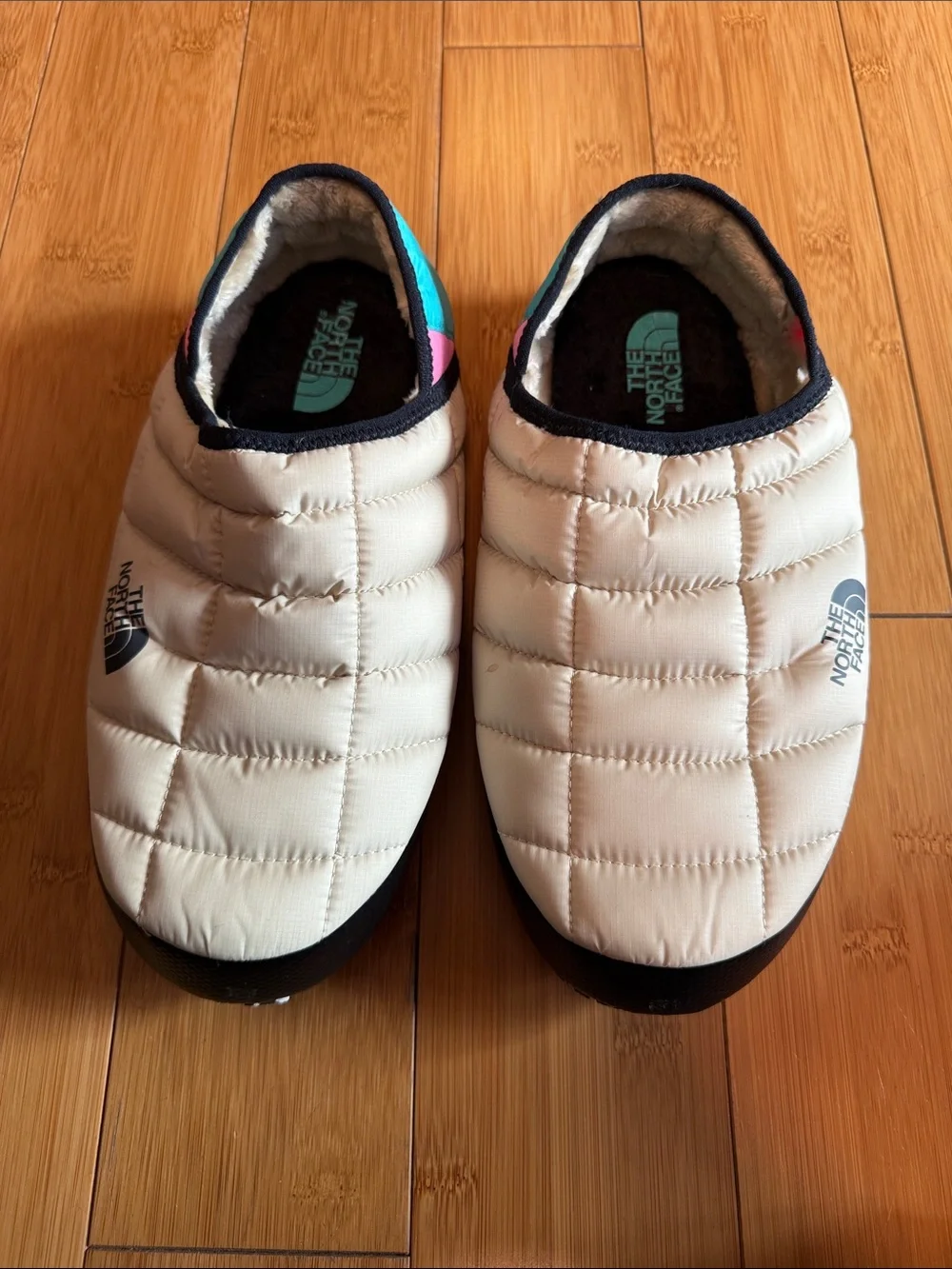The North Face Cream Quilted Slip-On Slippers with Teal and Pink Accents